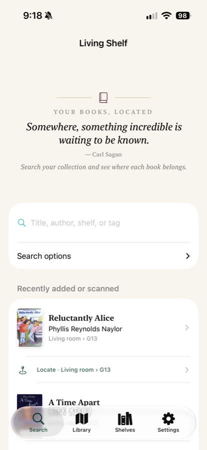 Search screen showing recently added books with their shelf locations