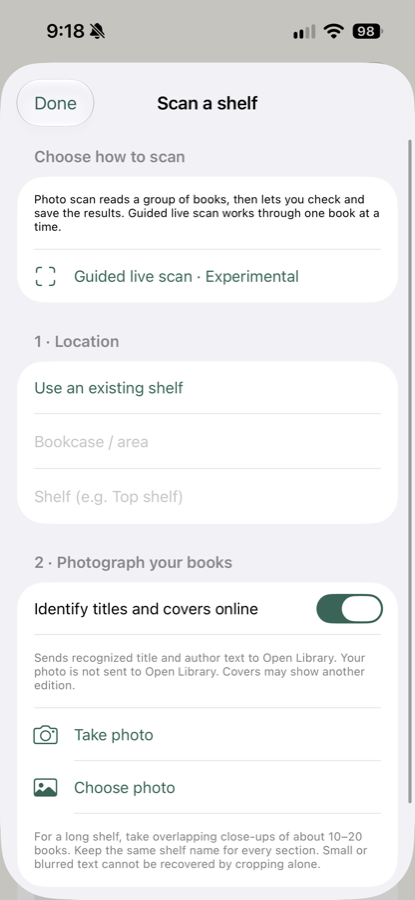 Scan a shelf screen with photo and guided live scan options