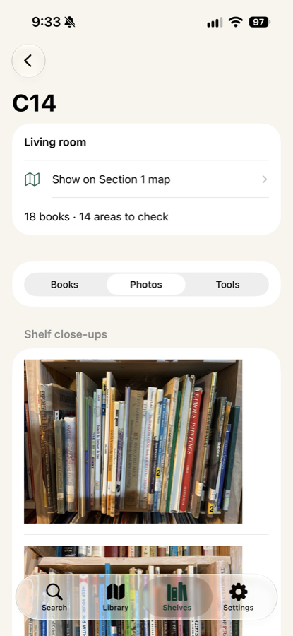 Shelf detail screen showing close-up photographs of a shelf